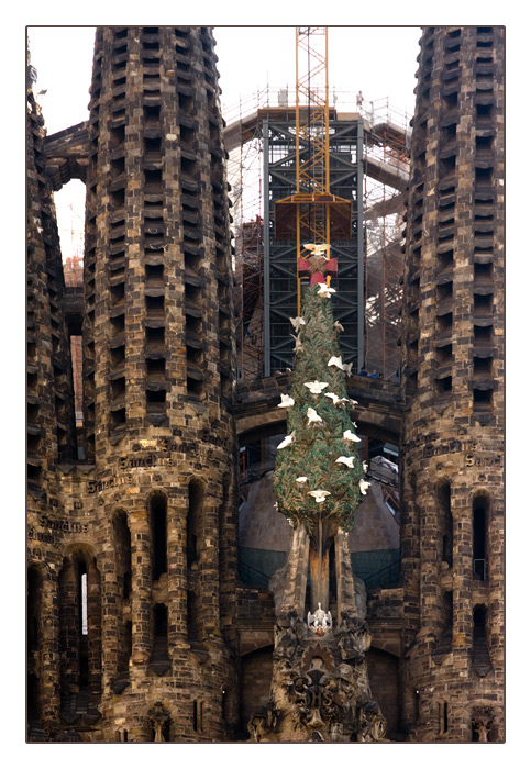 Lebensbaum (Mitte) über der Weihnachtsfassade der Sagrada Família