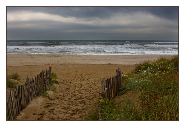 Blick auf das aufwühlende Meer und den düsteren Strand