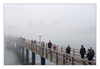 Seebrücke im Nebel mit kurzzeitigem Blick auf das Kurhaus Binz